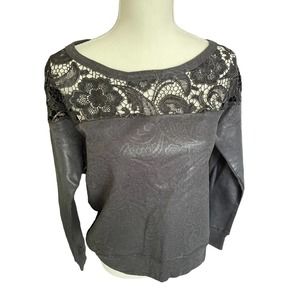 NWT Pam & Gela Womens Coated Lace Boat Neck Sweatshirt Long Sleeve Size S Black